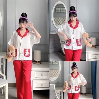 Đồ bộ nữ mặc nhà pijama Satin chins Phom cánh dơi 2tui in bò sữa Quần lửng