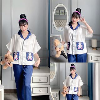 Đồ bộ nữ mặc nhà pijama Satin chins Phom cánh dơi 2tui in bò sữa Quần lửng