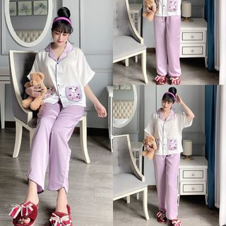 Đồ bộ nữ mặc nhà pijama Satin chins Phom cánh dơi 2tui in bò sữa Quần lửng