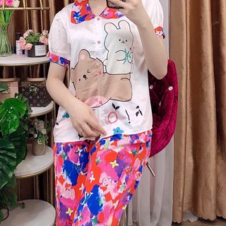 Đồ bộ nữ mặc nhà pijama Satin chins in Gấu thỏ Quần lửng