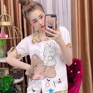 Đồ bộ nữ mặc nhà pijama Satin chins in Gấu thỏ Quần lửng