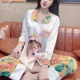 Đồ bộ nữ mặc nhà pijama Satin chins in baby Quần Dài tay dài