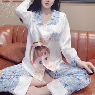 Đồ bộ nữ mặc nhà pijama Satin chins in baby Quần Dài tay dài