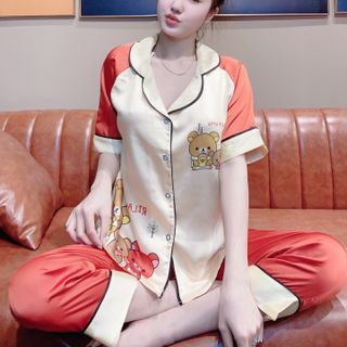 Đồ bộ nữ mặc nhà pijama Satin chins Tay lăng in 3chú gấu QDTCỘC giá sỉ