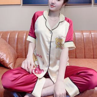 Đồ bộ nữ mặc nhà pijama Satin chins Tay lăng in 3chú gấu QDTCỘC
