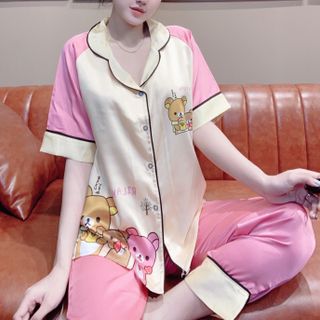 Đồ bộ nữ mặc nhà pijama Satin chins Tay lăng in 3chú gấu QDTCỘC
