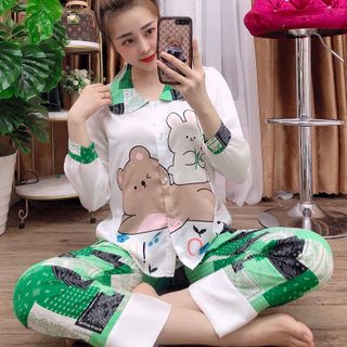 Đồ bộ nữ mặc nhà pijama Satin chins là sen in Gấu thỏ QDTDài