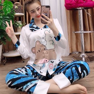 Đồ bộ nữ mặc nhà pijama Satin chins là sen in Gấu thỏ QDTDài
