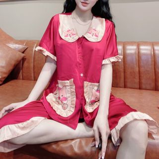 Đồ bộ nữ mặc nhà pijama Satin chins in 3d chó shiba má hồng. Quần Lửng giá sỉ