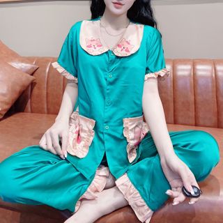 Đồ bộ nữ mặc nhà pijama Satin chins in 3d chó shiba má hồng Quần Dài Cộc cộc