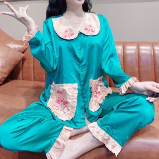 Đồ bộ nữ mặc nhà pijama Satin chins in 3d chó shiba má hồng Quần Dài tay dài giá sỉ