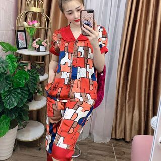 Đồ bộ nữ mặc nhà pijama satin lập thể cổ bầu 2 lá Lửng
