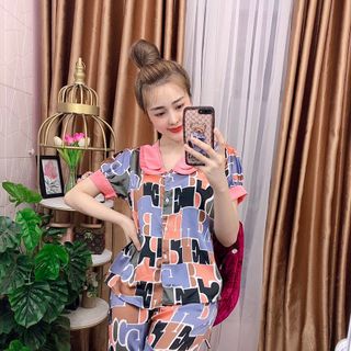 Đồ bộ nữ mặc nhà pijama satin lập thể cổ bầu 2 lá Lửng