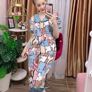 Đồ bộ nữ mặc nhà pijama satin lập thể cổ bầu 2 lá Lửng