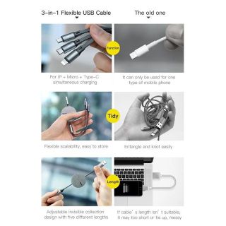 Cáp sạc dây rút Baseus Fabric 3-in-1 Flexible Cable tích hợp 3 đầu Type C / Micro USB/ Lightning 3.5A 1.2M
