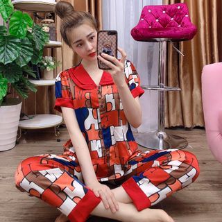 Đồ bộ nữ mặc nhà pijama Satin lập thể cổ bầu 2 lớp Dài Cộc