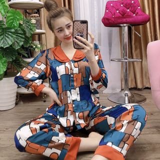 Đồ bộ nữ mặc nhà pijama Satin lập thể cổ bầu 2 lá Dài Dài