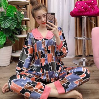 Đồ bộ nữ mặc nhà pijama Satin lập thể cổ bầu 2 lá Dài Dài