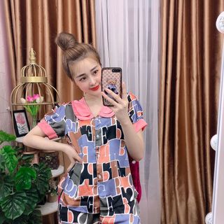 Đồ bộ nữ mặc nhà pijama Satin lập thể cổ bầu 2 lá Đùi