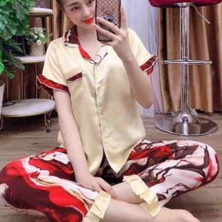 Đồ bộ nữ mặc nhà pijama Satin phối Mango Dài cộc