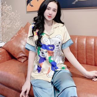 Đồ bộ nữ mặc nhà pijama Satin in gấu sao Lửng