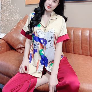 Đồ bộ nữ mặc nhà pijama Satin in gấu sao Dài cộc