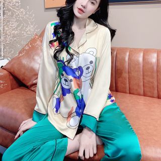 Đồ bộ nữ mặc nhà pijama Satin in gấu sao dài dài