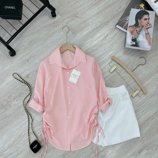 Sét sơ mi thụng hồng rút eo mix quần sooc đùi kaki giãn bao đẹp