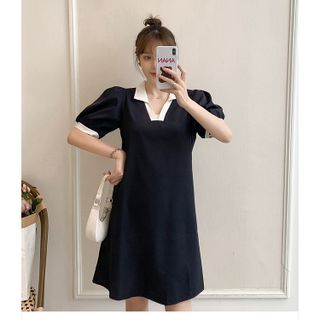 Váy Đầm Polo Đen Dáng Suông Phối Màu Vai Bồng