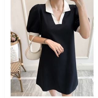 Váy Đầm Polo Đen Dáng Suông Phối Màu Vai Bồng