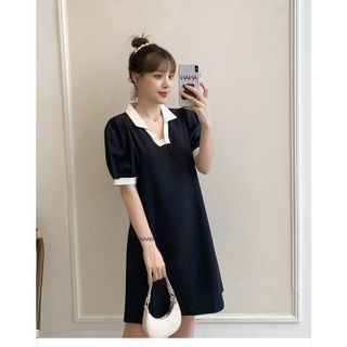 Váy Đầm Polo Đen Dáng Suông Phối Màu Vai Bồng