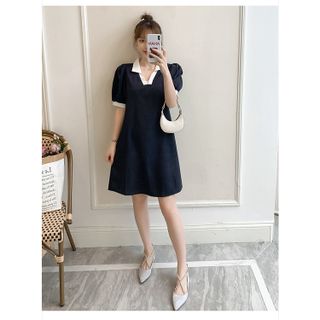 Váy Đầm Polo Đen Dáng Suông Phối Màu Vai Bồng