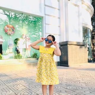 Đàm hoa lá cổ vuông viền cổ đính kèm nơ