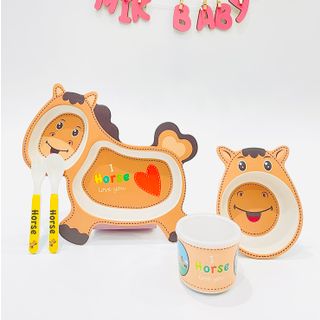 Khay ăn dặm cho bé, khay ăn dặm sợi tre 5 chi tiết gồm khay, bát, cốc, thìa, dĩa, rất an toàn cho em bé