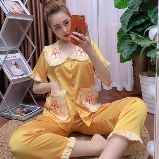 Đồ bộ nữ mặc nhà pijama Satin in chó shiba Dài cộc