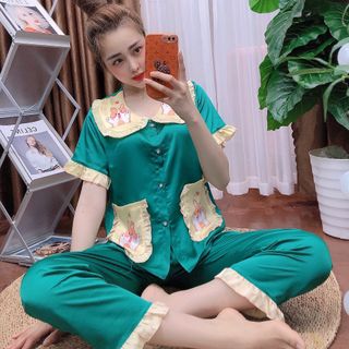 Đồ bộ nữ mặc nhà pijama Satin in chó shiba Dài cộc