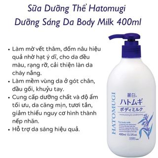 SỮA DƯỠNG THỂ DƯỠNG SÁNG DA BODY MILK 400ML - HATOMUGI