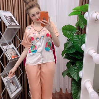 Đồ bộ nữ mặc nhà pijama Satin gấu in Hồng lửng