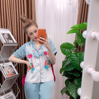 Đồ bộ nữ mặc nhà pijama Satin gấu in Hồng lửng