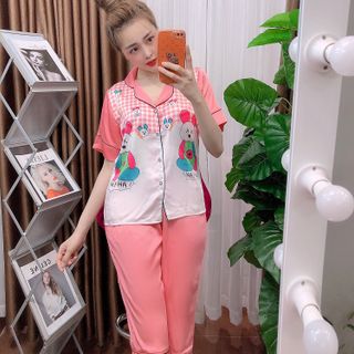 Đồ bộ nữ mặc nhà pijama Satin gấu in Hồng lửng