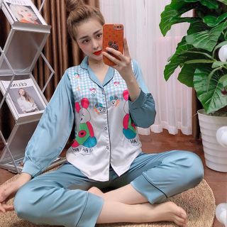 Đồ bộ nữ mặc nhà pijama Satin gấu in tại Hồng dài dài