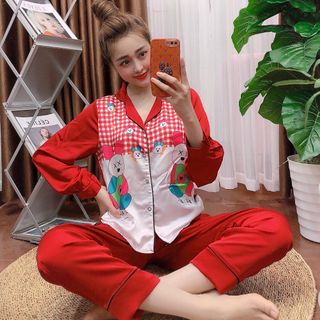 Đồ bộ nữ mặc nhà pijama Satin gấu in tại Hồng dài dài