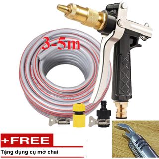 Bộ dây vòi xịt nước rửa xe, tưới cây . tăng áp 3 lần, loại 3m, 5m 206236 đầu đồng,đai,nối nhựa đen+ tặng mở chai