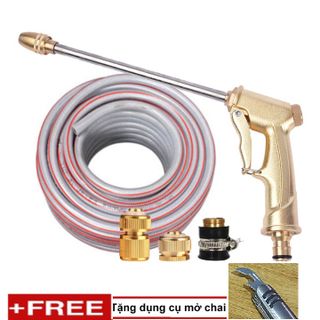 Bộ dây vòi xịt nước rửa xe, tưới cây, tăng áp 3 lần, loại 20m 206701-3 đầu đồng,cút đồng+tặng mở chai