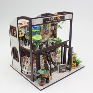 đồ chơi lắp bằng gỗ handmade Mô hình trang trí DIY tiệm cà phê mini thu nhỏ M027 có đèn giá sỉ