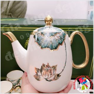 (HÀNG ĐẸP) Bộ ấm chén sứ sen xanh viền vàng cao cấp mã Y16-1