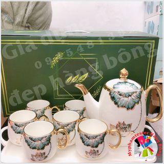 (HÀNG ĐẸP) Bộ ấm chén sứ sen xanh viền vàng cao cấp mã Y16-1