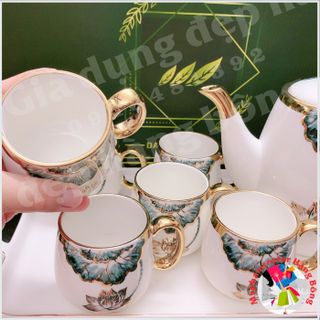 (HÀNG ĐẸP) Bộ ấm chén sứ sen xanh viền vàng cao cấp mã Y16-1
