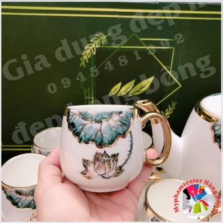 (HÀNG ĐẸP) Bộ ấm chén sứ sen xanh viền vàng cao cấp mã Y16-1