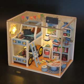 đồ chơi lắp ráp nhà búp bê mô hình phòng ngủ giường 2 tầng của Charles thu nhỏ M019 có đèn và kèm kiếng chống bụi giá sỉ